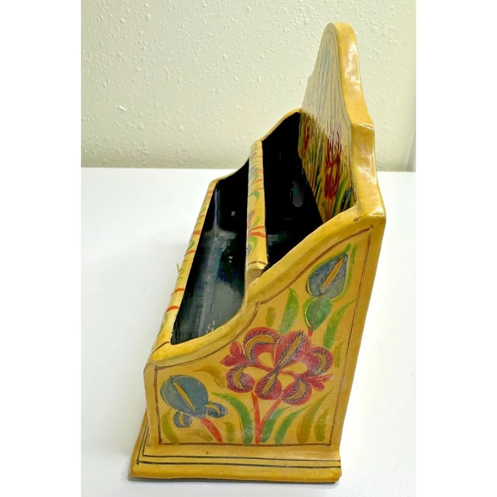 Desktop Letter Holder Yellow Painted Floral Organizer Paper Mache